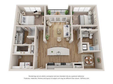 Floor plan for 2 beds, 2 baths, 1226 sqft